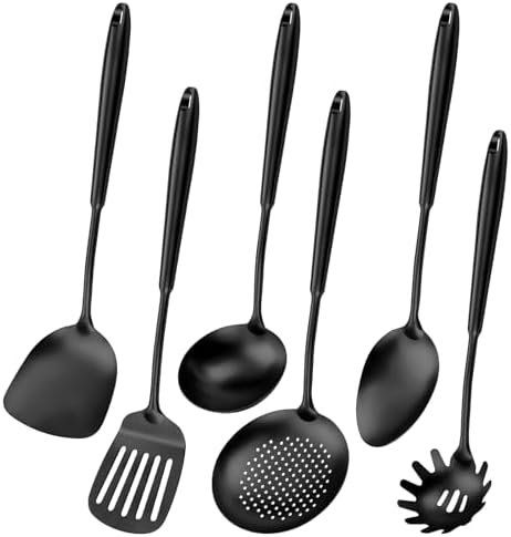 304 Stainless Steel Cooking Utensils,6 Pcs Kitchen Cooking Utensils Set with Spatula, Solid Spoon, Ladle, Skimmer, Spaghetti Spoon,Dishwasher Safe(Black) by Lazycorner