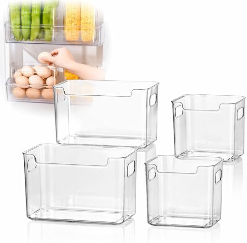 Crystal Clear Freezer Storage Bins, Crack-Resistant Plastic Fridge Storage Bins with Built-in Handles, BPA-Free Organization Containers for Refrigerator, Pantry Kitchen Cabinets (C(7in+4.8in),4) by Unknown