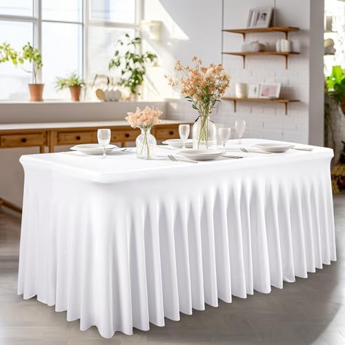 Wish Care 8 Pack White Spandex Table Clothes for 6 Foot Rectangle Tables, 6FT Wrinkle Free Fitted Tablecloths Ruffles Design Table Cloth for Party, Banquet, Wedding and Events - Image 4