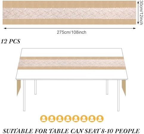 Xinnun 12 Pcs Burlap Table Runner with Lights 12 x 108 Inches Burlap Lace Table Runner Rustic Wedding Decorations Home Party (Flower) - Image 2