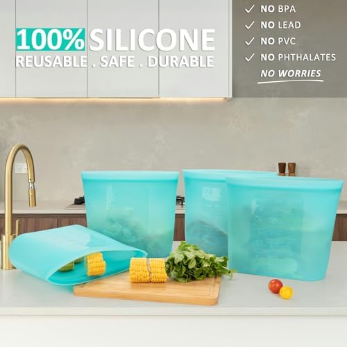 Reusable Food Storage Bags Extra Large, 0.8 Gallon/101 fl.oz/3000 ml, 4 Pack 100% Silicone Food Storage Bags Stand-Up Wide-Mouth Zip-Lock for Large Items, Freezer Microwave Oven Dishwasher Safe, Aqua - Image 2