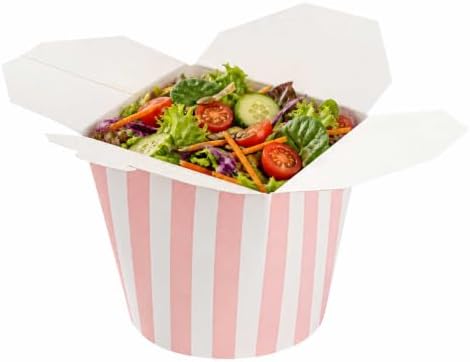 Restaurantware Bio Tek 4 x 3.4 x 3.7 Inch Food Containers, 200 Noodle Takeaway Boxes - Disposable, Striped, Pink And White Paper 26 Ounce Take Out Boxes, Round, For Hot Or Cold Foods by Restaurantware