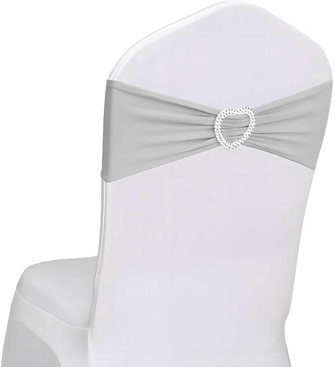 Silver Grey Chair Sashes 50 Pack Spandex Grey Sashes for Chairs Covers Universal Stretch Chair Sashes Band with Heart Buckle Slider for Wedding Banquet Party Decorations by Unknown