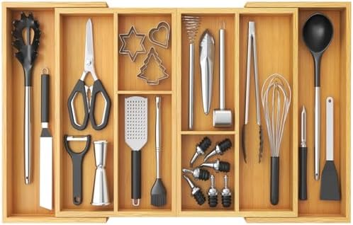 Lifewit Expandable Utensil Organizer for Kitchen Drawer, Cutlery Holder | Adjustable Cooking Silverware Tray, Bamboo Flatware Spatula Tools Gadgets Storage Divider, 21-36 x 16", Natural by Lifewit