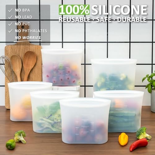Reusable Silicone Food Storage Bags Quart 4 Pack, Stand Up Ziplock Reusable Freezer Sandwich Bag Containers for Food Travel, Freezer Microwave Oven Dishwasher Safe, Translucent, 33.8fl.oz - Image 2