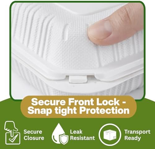 Front Lock MFPP Hinged Food Containers, 9x6 Clamshell Take Out Food Containers [100-Pack] - Microwave & Freezer Safe, Stackable Disposable Food Containers - White - Image 3