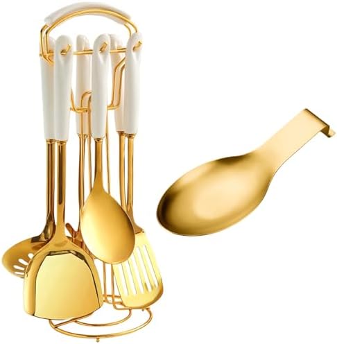 Stainless Steel Gold Kitchen Utensils Set with Holder & Spoon Rest, Durable Kitchen Accessories Includes 6 Cooking Utensils, 1 Hanging Rack,1 Ladle Holder, Easy to Clean, Modern Countertop Décor by Unknown