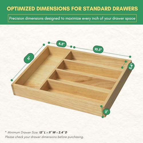 Rubber Wood Silverware Organizer for Drawer - [15"L x 11"W x 2"H] Utensil Tray, 5 Compartment Flatware Holder, Multi-Purpose Kitchen Drawer Organizer for Utensils, Stationery & Hand Tools - Image 2