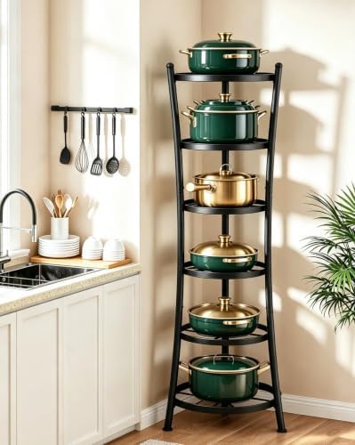 CHOEZON 6-Tier Freestanding Pot Rack, 100 Lbs Capacity Cookware Storage Stand, Sturdy Pan Holder Tower with Anti-Tip Feet, Large Storage Rack with Metal Frame, for Kitchen Dining Room, Black TPR25BB by Choezon