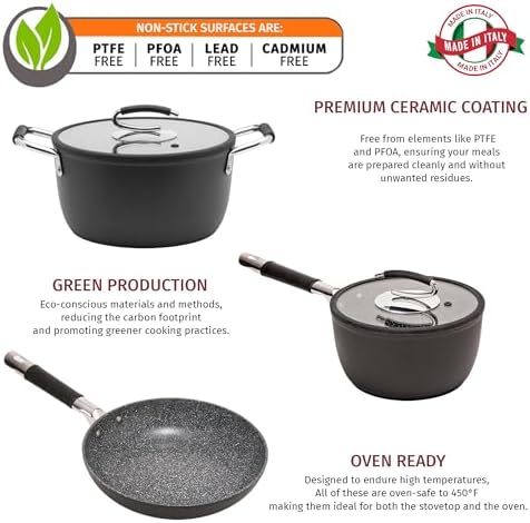 Nonstick Small Pasta Bundle – 2.6 Qt Saucepan with Lid, 9.5" Frying Pan, 5 Qt Dutch Oven with Lid – Induction Compatible, Oven Safe, Ceramic Nonstick, PTFE & PFOA Free Cookware Set – Made in Italy - Image 6
