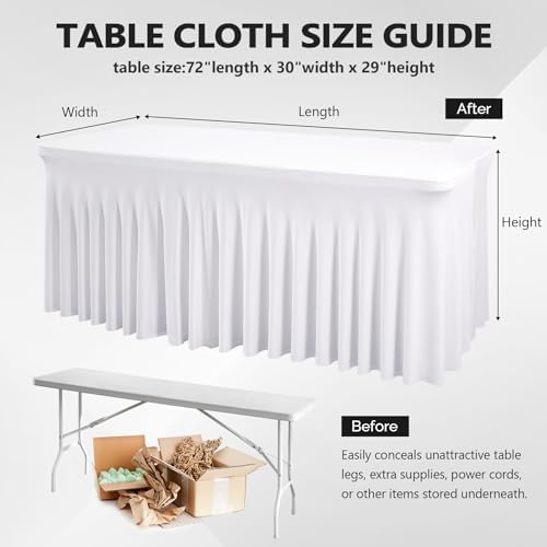 Wish Care 12 Pack White Spandex Table Clothes for 6 Foot Rectangle Tables, 6FT Wrinkle Free Fitted Tablecloths Ruffles Design Table Cloth for Party, Banquet, Wedding and Events - Image 4