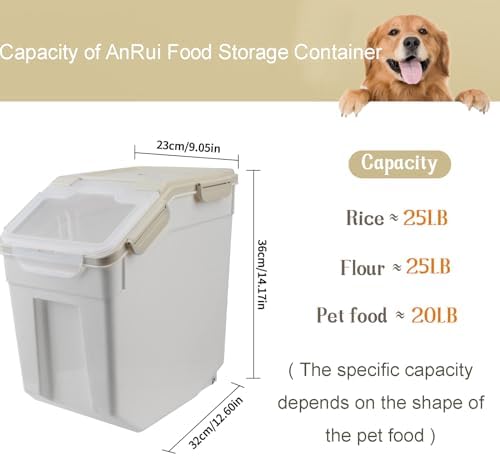 AnRui Airtight Flour Storage Container 25lb, Plastic Grain Storage Bucket, Rice Cereal Dispenser Organizer Box with Lid, Cat Dog Food Storage Bin with Measuring Cup, Scoop, Wheels, 2Pcs Grey - Image 2