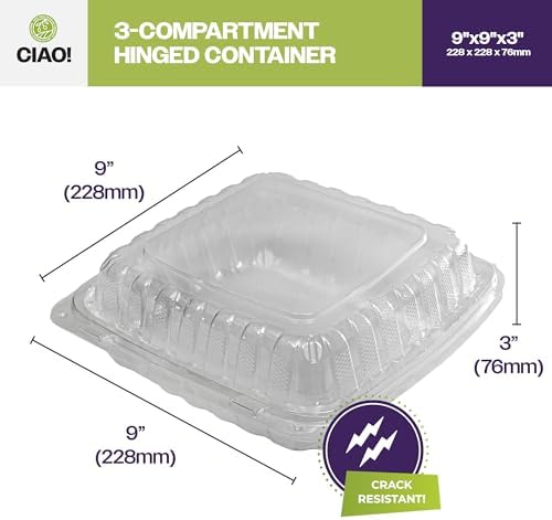 CIAO! 9"x9"x3" 3 Compartment PP Plastic Clear Hinged Container for Take Out (Case of 150) - Image 6