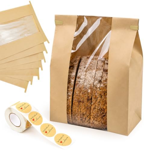 150 Pack Large Paper Sourdough Bread Bags with Tin Tie Tabs & 500 Stickers | 14" X 8.3" X 3.5" Kraft Bags with Clear Window Bread Bags for Homemade Bread, Bakery Display, Cookies, Popcorn and Gifts by NOONEAST