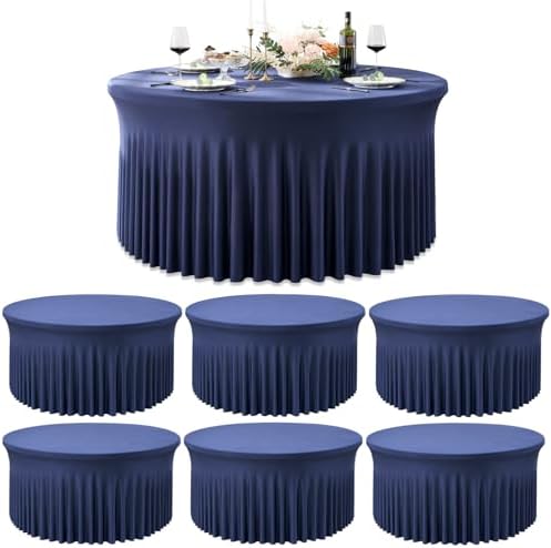Outpain 6 Pack Spandex Navy Blue Round Tablecloths for 60in Tables, 120Inch Stretchy Fitted 5FT Round Table Clothes,Wrinkle Free Table Cover with Skirt for Wedding Party Dining Banquet by Outpain
