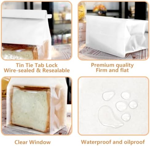 50 PCS White Bread Bags for Homemade Breads, 11x5.1x3.9 Inch Resealable Cookie Bags with Tin Tie Tab Lock, Paper Bakery Bag with Window for Packaging Bagels, Scone, Brownie, Baked Goods Storage - Image 4
