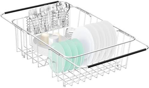 Fanbsy Large Dish Drainer Rack in Sink Adjustable, Expandable 304 Stainless Steel Metal Dish Drying Rack Organizer with Stainless Steel Utensil Holder Over Inside Sink Counter, Rustproof by Fanbsy