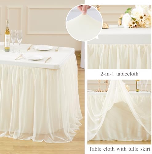 HB HBB MAGIC Ivory Table Cloths 8 Foot Rectangle Tulle Table Skirt Rectangle Tables 8ft Fitted Spandex Table Covers Stretch Elastic Banquet Birthday Party Baby Shower Wedding Table Cloths - Image 4