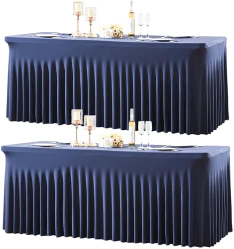 2 Pack 8ft Navy Blue Spandex Table Cloths for Rectangle Tables Wrinkle Free Rectangle Tablecloths, Stretch Fitted Table Cover with Skirt for Birthday Party Wedding Banquet Baby Shower Buffet Event by Suppromo