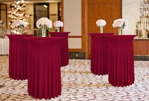 4 Packs Wine Red Round Cocktail Table Skirt 32"x 43" - Image 4