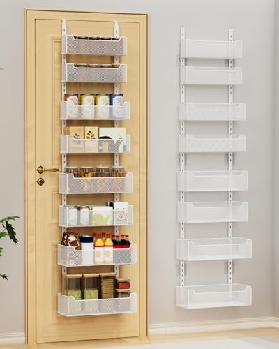 VyGrow Over the Door Organizer, 8-Tier Pantry Organizer with Fully Enclosed Mesh Baskets, Heavy-Duty Metal Hanging Spice Rack for Kitchen Bathroom Laundry Room, 2-in-1 Wall Mount or Door Mount, White by VyGrow