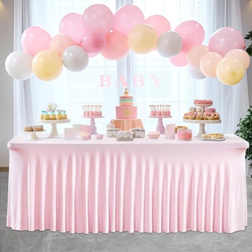 Wish Care 6 Pack Pink Spandex Table Clothes for 4 Foot Rectangle Tables, 4FT Wrinkle Free Fitted Tablecloths Ruffles Design Table Cover for Party, Banquet, Wedding and Events - Image 2