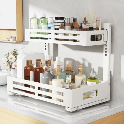 2 Pack 19IN-Depth Under Sink Organizer,Pull Out Cabinet Organizer With Smooth Cylindrical Rail,Metal Slide Out Drawer for Kitchen Bathroom Laundry,8-Level Tool Free Height Adjustable-White - Image 7