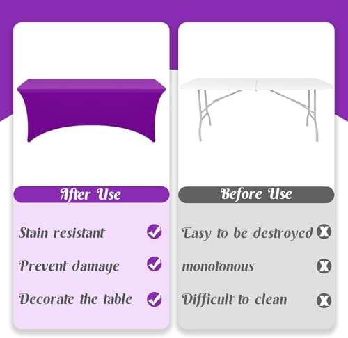 HAISIWLKJ 3 Pack Table Cloth 8ft Purple Tablecloths for Rectangle Folding Table Spandex Fitted Stretch Table Cover Wrinkle Resistant Washable Table Protector for Party, Wedding, Banquet, Festival. - Image 4