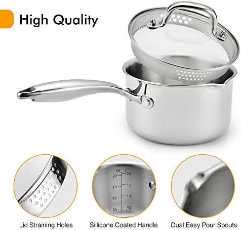 Cyrosa 2.5 Quart Saucepan with Lid, Stainless Steel Sauce Pot with Strainer Lid, Two Side Spouts for Easy Pour with Ergonomic Handle, Dishwasher Safe - Image 6