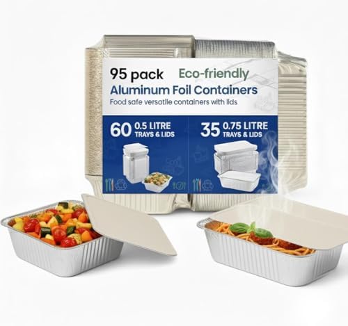 95 Pack Aluminium Foil Trays with Lids Containers Strong and Large Tin Foil Food Take Away Container Disposable Food Take Out Box with Lid|Mixed Sizes (65×0.5L + 30×0.75L) | by HomeSmith