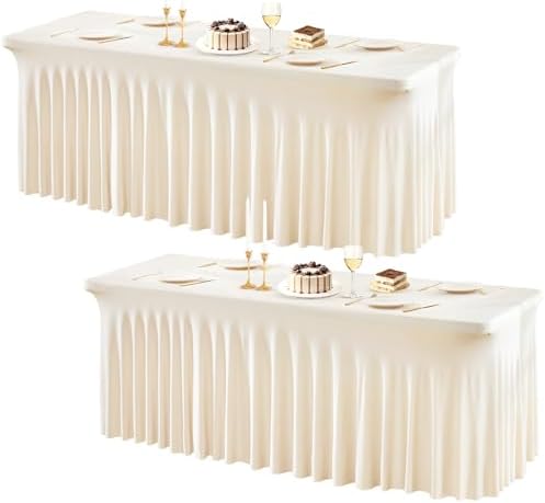 PARTISKY 2 Pack Ivory Spandex Table Cloths for Rectangle Tables 6ft, Ivory Table Skirt for Party, Table Cover with Skirt for Wedding Folding Table Banquet Baby Shower & Birthday Parties by Partisky