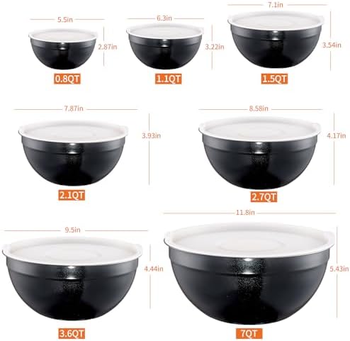 Black Mixing Bowls with Lids Set of 7, Stainless Steel Nesting Bowl with Khaki Lid for Non-slip Mixing Prepping Storing Serving, 7 Sizes-7/3.6/2.7/2.1/1.5/1/0.8 QT - Image 2