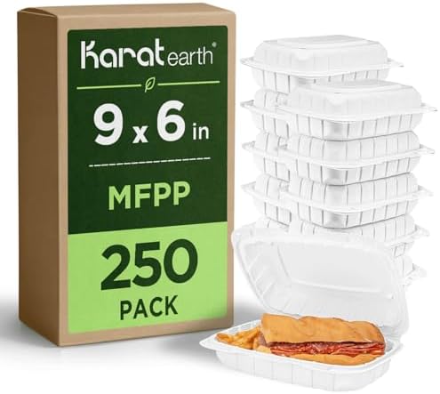 KARAT EARTH Clamshell Take Out Food Containers [9"x6" - 250 ct] To Go Containers | Microwavable, Freezer Safe, Soak-Resistant, Durable, Stackable | Vented for Hot/Cold Foods, White by KaratEarth