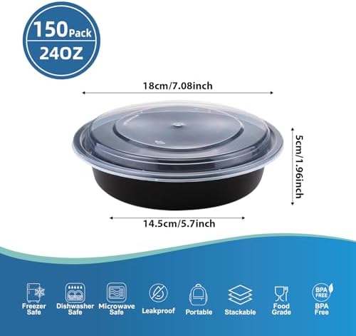 150 Sets 24 oz Disposable Meal Prep Containers with Leak proof Lids | Disposable Round Take Out, Leakproof Lids, BPA Free, Microwave/Dishwasher/Freezer Safe, Reusable Plastic - Image 2