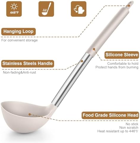 LIANYU 15 Pcs Cooking Utensils Set, Silicone Kitchen Tools with Holder | Heat Resistant, Kitchen Gadgets with Stainless Steel Handle, Brush Spatula Spoon Whisk for Cookware, Dishwasher Safe, Khaki - Image 3