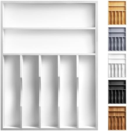 Kitchen Bamboo Silverware Organizer, Kitchen Drawer Organizer - Utensil Holder and Cutlery Tray with Grooved Drawer Dividers for Flatware 7 Slot, White by oridom