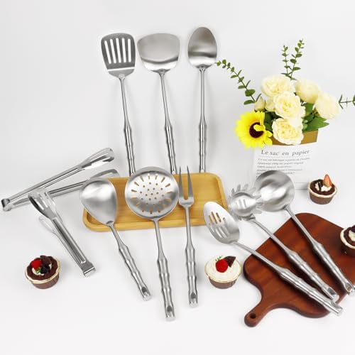 304 Stainless Steel Kitchen Utensils Set, 11PCS Metal Cooking Utensil Sets, Stainless Steel Cooking Utensils Set Include Meat Fork, Tongs, Turner, Soup Ladle, Dishwasher Safe - Image 4