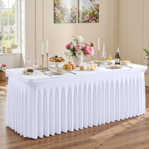Besutolife White Spandex Tablecloth with Skirt for 8ft Rectangle Tables - Wrinkle-Resistant, Stretchable, Machine Washable - Perfect for Weddings, Banquets, Birthday Parties, and Events by Besutolife
