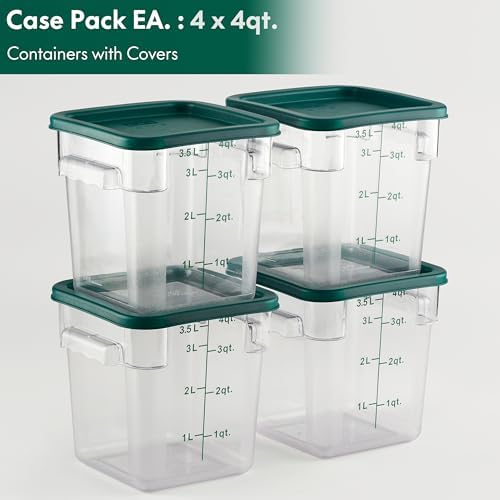 CURTA 4 Pack Food Storage Container with Green Lid - NSF Commercial Grade in 4.0 Qt - Square, Clear, Polycarbonate - Image 2