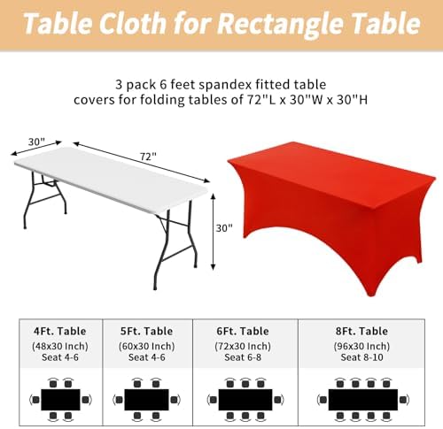 Fixwal 3 Pack 6FT Red Tablecloth Rectangle Spandex Fitted Table Cover - Image 3