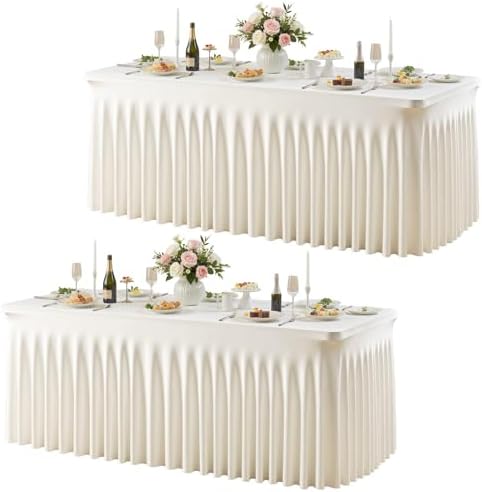 Besutolife Ivory Spandex Tablecloth for 6ft Rectangle Tables 2 Packs- Wrinkle-Resistant, Stretchable, Machine Washable - Perfect for Weddings Banquets Birthday Parties Events by Besutolife