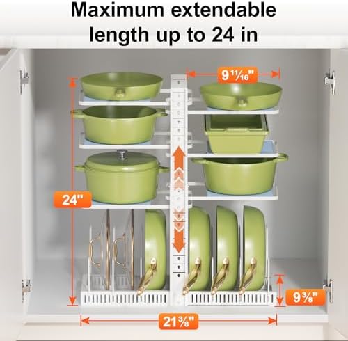 LAMU Pots and Pans Organizer under Cabinet, Pan Pot Organizers inside Cabinet with 6 Shelves and Pot Lid Organizer, Adjustable Height Up to 24", Holds up to 12 Pans, Lightweight Pots, White - Image 5