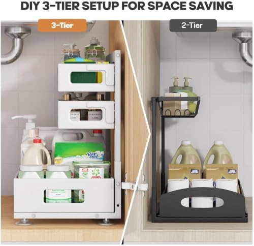 2 Pack 19IN-Depth Under Sink Organizer,Pull Out Cabinet Organizer With Smooth Cylindrical Rail,Metal Slide Out Drawer for Kitchen Bathroom Laundry,8-Level Tool Free Height Adjustable-White - Image 4