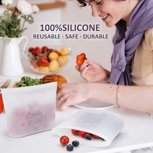 XS Reusable Silicone Food Storage Bags 4 Pack, 16fl oz/500ml, 100% Silicone Stand-Up Wide-Open Zip-Lock Reusable Bags for Small Items, Microwave Freezer Oven Dishwasher Safe, Translucent - Image 2