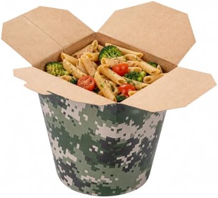 Bio Tek 4 x 3.5 x 4.5 Inch Food Containers, 50 Noodle Takeaway Boxes - Disposable, Sturdy, Camouflage Paper 32 Ounce Take Out Boxes, Round, For Hot Or Cold Foods - Restaurantware by Restaurantware
