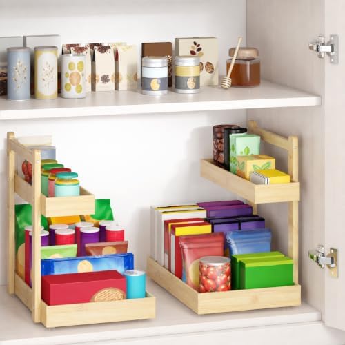 Bamboo Under Sink Organizer 2 Pack, 2-Tier Pull Out Cabinet Organizer - Image 3