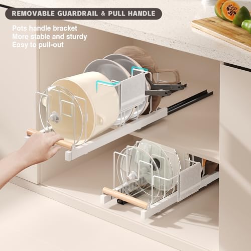 Magheo 2 Pack Pull Out Pots and Pans Organizer Under Cabinet, 22" Deep Expandable Pot Lid Organizer and Storage with 10 Adjustable Dividers Adhesive Pot and Pan Holder Rack with Handle Bracket(White) - Image 3