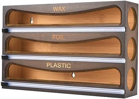 Bamboo Wrap Dispenser with Cutter, Plastic Wrap Organizer, Aluminum Foil Organization, and Wax Paper Dispenser Holder for Kitchen Drawer and Wall, Compatible with 12" Roll (03 Vintage Brown) by CozeeBay