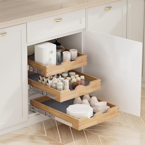 DINDON 3 Tier Pull Out Cabinet Organizer 14”W X21”D Slide Out Shelves With Shelf Liner for Kitchen Wood Roll Out Drawers Pantry Organization - Image 4