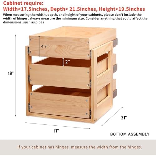 Mulush Pull Out Drawers For Cabinets, 17''W×21''D×19''H Soft Close Slide Out Wood Shelves Storage Organizer for Kitchen, 3-Tier, Finished, Heavy-Duty, Bottom Assembly - Image 3